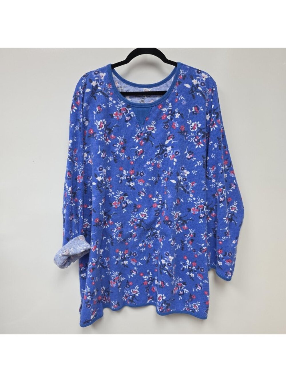 Woman Within Shirt Womens 4X Blue Floral Thermal Crew Neck Long Sleeve Tunic Top